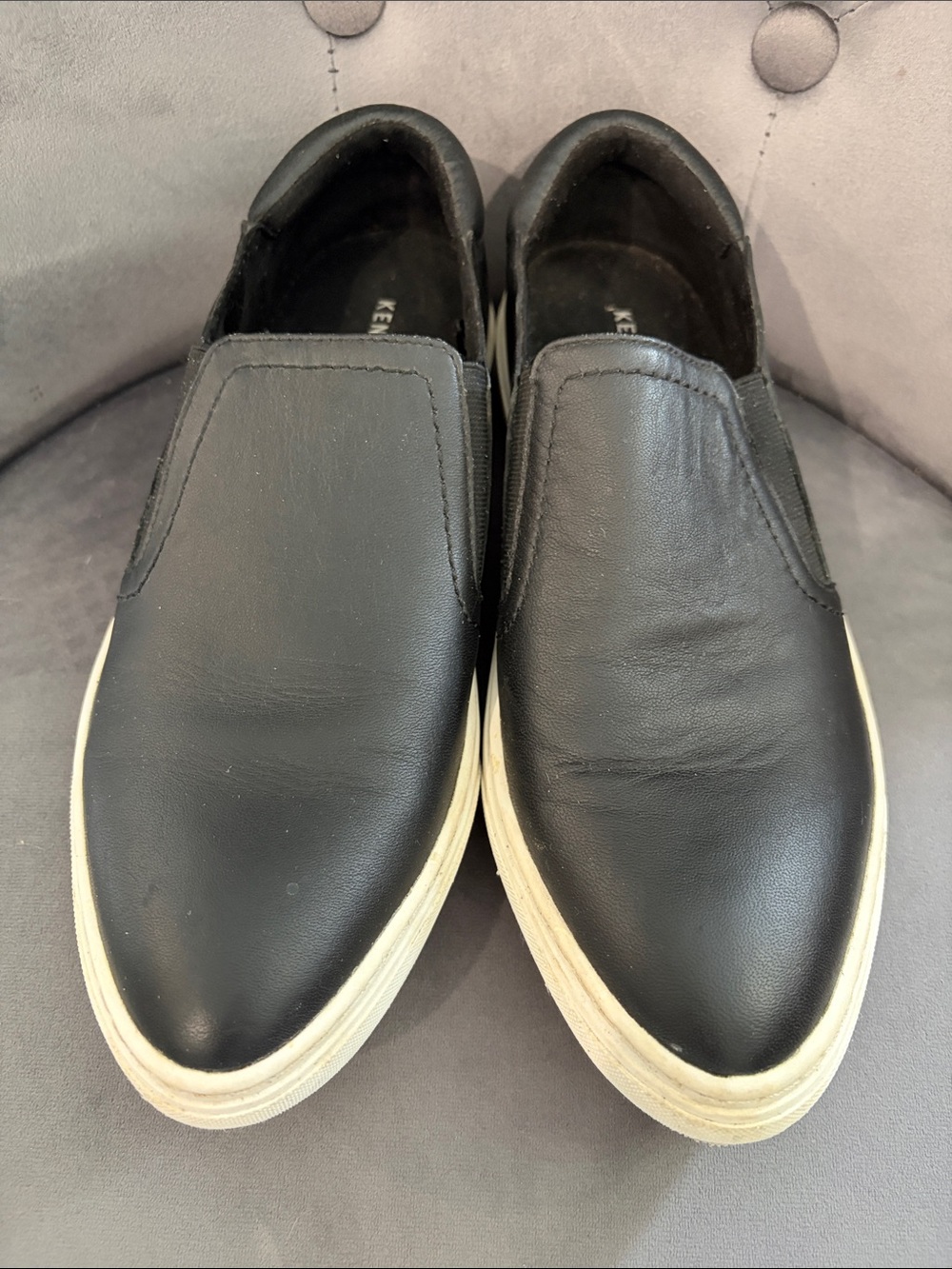 Kenneth Cole New York Women’s Black Slip-On Leather Loafers with White Sole
